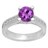 6.5 MM Round Amethyst & Princess White Diamond Ladies Bridal Engagement Ring 14K White Gold