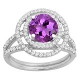 10K White Gold 7 MM Round Amethyst & White Diamond Ladies Bridal Halo Engagement Ring