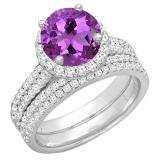14K White Gold 7 MM Round Amethyst & White Diamond Ladies Bridal Halo Engagement Ring Set