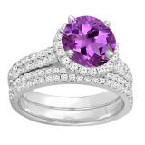 14K White Gold 7 MM Round Amethyst & White Diamond Ladies Bridal Halo Engagement Ring Set