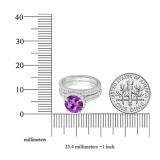 14K White Gold 7 MM Round Amethyst & White Diamond Ladies Bridal Halo Engagement Ring Set