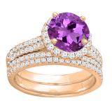 18K Rose Gold 7 MM Round Amethyst & White Diamond Ladies Bridal Halo Engagement Ring Set