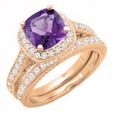 14K Rose Gold 7.5 MM Cushion Cut Amethyst & Round Diamond Ladies Bridal Halo Engagement Ring Set