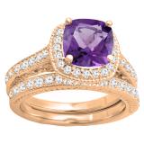 14K Rose Gold 7.5 MM Cushion Cut Amethyst & Round Diamond Ladies Bridal Halo Engagement Ring Set