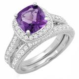 14K White Gold 7.5 MM Cushion Cut Amethyst & Round Diamond Ladies Bridal Halo Engagement Ring Set