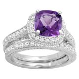 14K White Gold 7.5 MM Cushion Cut Amethyst & Round Diamond Ladies Bridal Halo Engagement Ring Set
