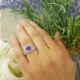 14K White Gold 7.5 MM Cushion Cut Amethyst & Round Diamond Ladies Bridal Halo Engagement Ring Set