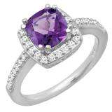 10K White Gold 6 MM Cushion Amethyst & Round Diamond Bridal Halo Style Engagement Ring