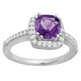 10K White Gold 6 MM Cushion Amethyst & Round Diamond Bridal Halo Style Engagement Ring
