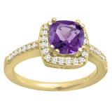 10K Yellow Gold 6 MM Cushion Amethyst & Round Diamond Bridal Halo Style Engagement Ring