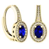 1.15 Carat (ctw) 14K Yellow Gold Oval Cut Blue Sapphire & Round Diamond Ladies Dangling Earrings