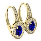 1.15 Carat (ctw) 14K Yellow Gold Oval Cut Blue Sapphire & Round Diamond Ladies Dangling Earrings