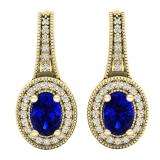 1.15 Carat (ctw) 14K Yellow Gold Oval Cut Blue Sapphire & Round Diamond Ladies Dangling Earrings