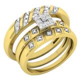 0.15 Carat (ctw) 10K Yellow Gold Round White Diamond Men's & Women's Engagement Ring Trio Bridal Set