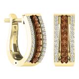 0.45 Carat (ctw) 10K Yellow Gold Round Champagne & White Diamond Ladies Huggies Hoop Earrings 1/2 CT