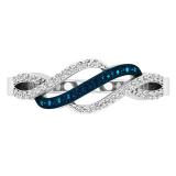 0.25 Carat (ctw) 18K White Gold Round Blue & White Diamond Ladies Swirl Right Hand Ring 1/4 CT