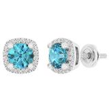 10K White Gold 5 MM Each Round Cut Blue Topaz & White Diamond Ladies Halo Stud Earrings