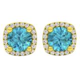 10K Yellow Gold 5 MM Each Round Cut Blue Topaz & White Diamond Ladies Halo Stud Earrings