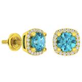 10K Yellow Gold 5 MM Each Round Cut Blue Topaz & White Diamond Ladies Halo Stud Earrings