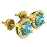 10K Yellow Gold 5 MM Each Round Cut Blue Topaz & White Diamond Ladies Halo Stud Earrings