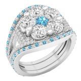 Small White Diamond with Center White & Blue Topaz Cubic Zirconia's Bridal Wedding Ring Set 10K White Gold