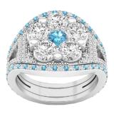 Small White Diamond with Center White & Blue Topaz Cubic Zirconia's Bridal Wedding Ring Set 10K White Gold