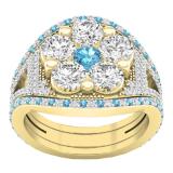 Small White Diamond with Center White & Blue Topaz Cubic Zirconia's Bridal Wedding Ring Set 10K Yellow Gold