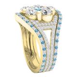 Small White Diamond with Center White & Blue Topaz Cubic Zirconia's Bridal Wedding Ring Set 10K Yellow Gold