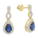 10K Yellow Gold 6X4 MM Pear Cut Blue Sapphire & Round White Diamond Ladies Halo Dangling Earrings