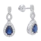 14K White Gold 6X4 MM Pear Cut Blue Sapphire & Round White Diamond Ladies Halo Dangling Earrings