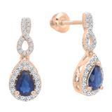 18K Rose Gold 6X4 MM Pear Cut Blue Sapphire & Round White Diamond Ladies Halo Dangling Earrings