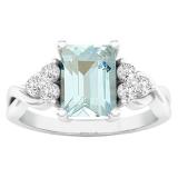 Sterling Silver 8X6 MM Emerald Cut Aquamarine & Round Diamond Ladies Bridal Halo Engagement Ring