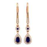 10K Rose Gold 5X3 MM Each Round & Pear Cut Blue Sapphire & Round Diamond Halo Dangling Earrings