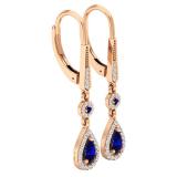 10K Rose Gold 5X3 MM Each Round & Pear Cut Blue Sapphire & Round Diamond Halo Dangling Earrings