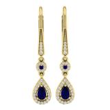 10K Yellow Gold 5X3 MM Each Round & Pear Cut Blue Sapphire & Round Diamond Halo Dangling Earrings