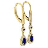 10K Yellow Gold 5X3 MM Each Round & Pear Cut Blue Sapphire & Round Diamond Halo Dangling Earrings