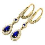 10K Yellow Gold 5X3 MM Each Round & Pear Cut Blue Sapphire & Round Diamond Halo Dangling Earrings