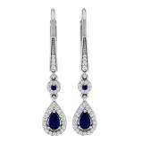 14K White Gold 5X3 MM Each Round & Pear Cut Blue Sapphire & Round Diamond Halo Dangling Earrings