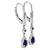 14K White Gold 5X3 MM Each Round & Pear Cut Blue Sapphire & Round Diamond Halo Dangling Earrings