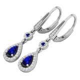 14K White Gold 5X3 MM Each Round & Pear Cut Blue Sapphire & Round Diamond Halo Dangling Earrings