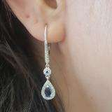14K White Gold 5X3 MM Each Round & Pear Cut Blue Sapphire & Round Diamond Halo Dangling Earrings
