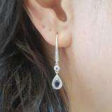 14K White Gold 5X3 MM Each Round & Pear Cut Blue Sapphire & Round Diamond Halo Dangling Earrings