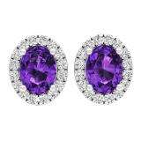 Sterling Silver 8X6 MM Each Oval Cut Amethyst & Round Lab Created White Sapphires Stud Earrings