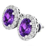 Sterling Silver 8X6 MM Each Oval Cut Amethyst & Round Lab Created White Sapphires Stud Earrings