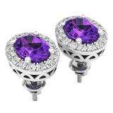 Sterling Silver 8X6 MM Each Oval Cut Amethyst & Round Lab Created White Sapphires Stud Earrings