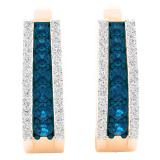 0.70 Carat (ctw) 14K Rose Gold Round Blue & White Diamond Ladies Huggies Hoop Earrings 3/4 CT