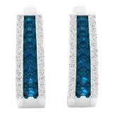 0.70 Carat (ctw) 14K White Gold Round Blue & White Diamond Ladies Huggies Hoop Earrings 3/4 CT