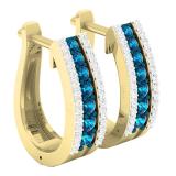 0.70 Carat (ctw) 14K Yellow Gold Round Blue & White Diamond Ladies Huggies Hoop Earrings 3/4 CT