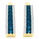 0.70 Carat (ctw) 14K Yellow Gold Round Blue & White Diamond Ladies Huggies Hoop Earrings 3/4 CT