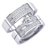 0.85 Carat (ctw) 18K White Gold round Cubic Zirconia & Diamond Men & Women's Trio Bridal Set